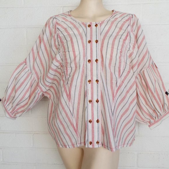 BluHeaven by Umgee Tops - New BLUHEAVEN by Umgee S cotton striped Bishop sleeve casual ruched loose top